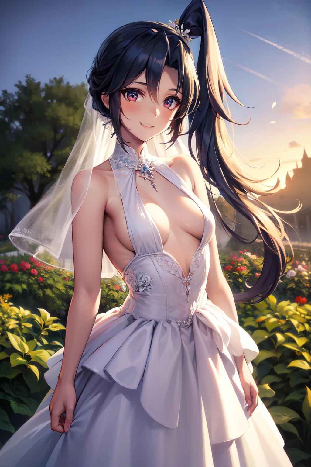 1 girl, Long blue hair left side Ponytail, red eyes with slit pupils, small full breasts, master-piece, best quality,  proportional body, proportional, Wedding Dresses, White Wedding Dress, Long skirt, wedding, Standing in the flower garden, outdoor, wedding, Upper body, The sky is beautiful, Both hands hold a bouquet of flowers,  (light_Smile:1.5),