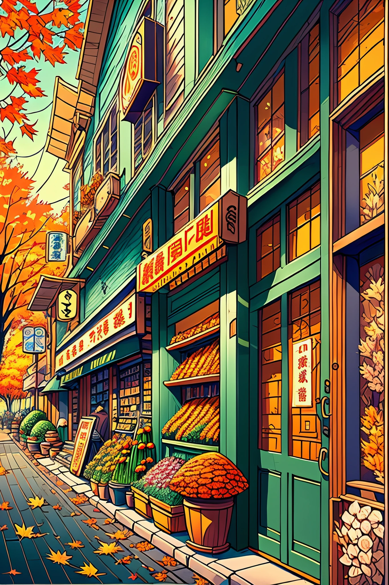 Drawing in the style of Hayao Miyazaki, this a Japanese grocery store with a strong autumn atmosphere. The store named Deep Autumn and adorned with maple leaves and flowers, standing on the street corner with an orange theme --auto --s2
