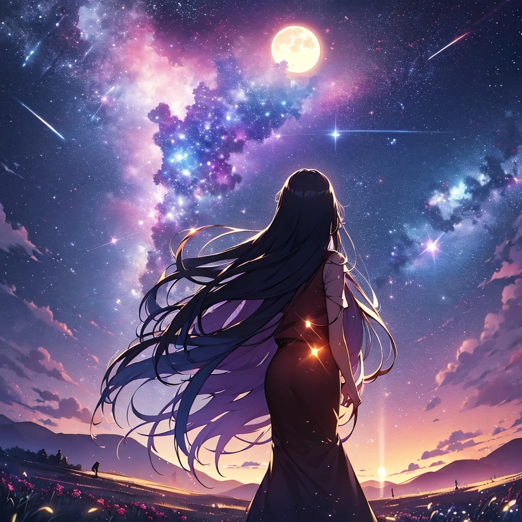 Extensive Landscape , (Looking Up and Down Below), Girl Standing in Flower Field Looking Up, (Full Moon:1.2), ( Shooting Star:0.9), (Nebula:1.3), Distant Mountains, Tree BREAK Artwork, (Warm Light Source:1.2), (Firefly:1. 2), Lamp, Lots of Purple and Orange, Fine Detail, Volume Lighting BREAK (Masterpiece:1.2), (Top Quality), 4k, Super Dense, (Dynamic Composition:1.4), Very Fine Detail, Colorful Details, ( Iridescent:1.2), (Luminous Lighting, Atmospheric Lighting), Dreamlike, Fantastic, (Solo:1.2),Masterpiece