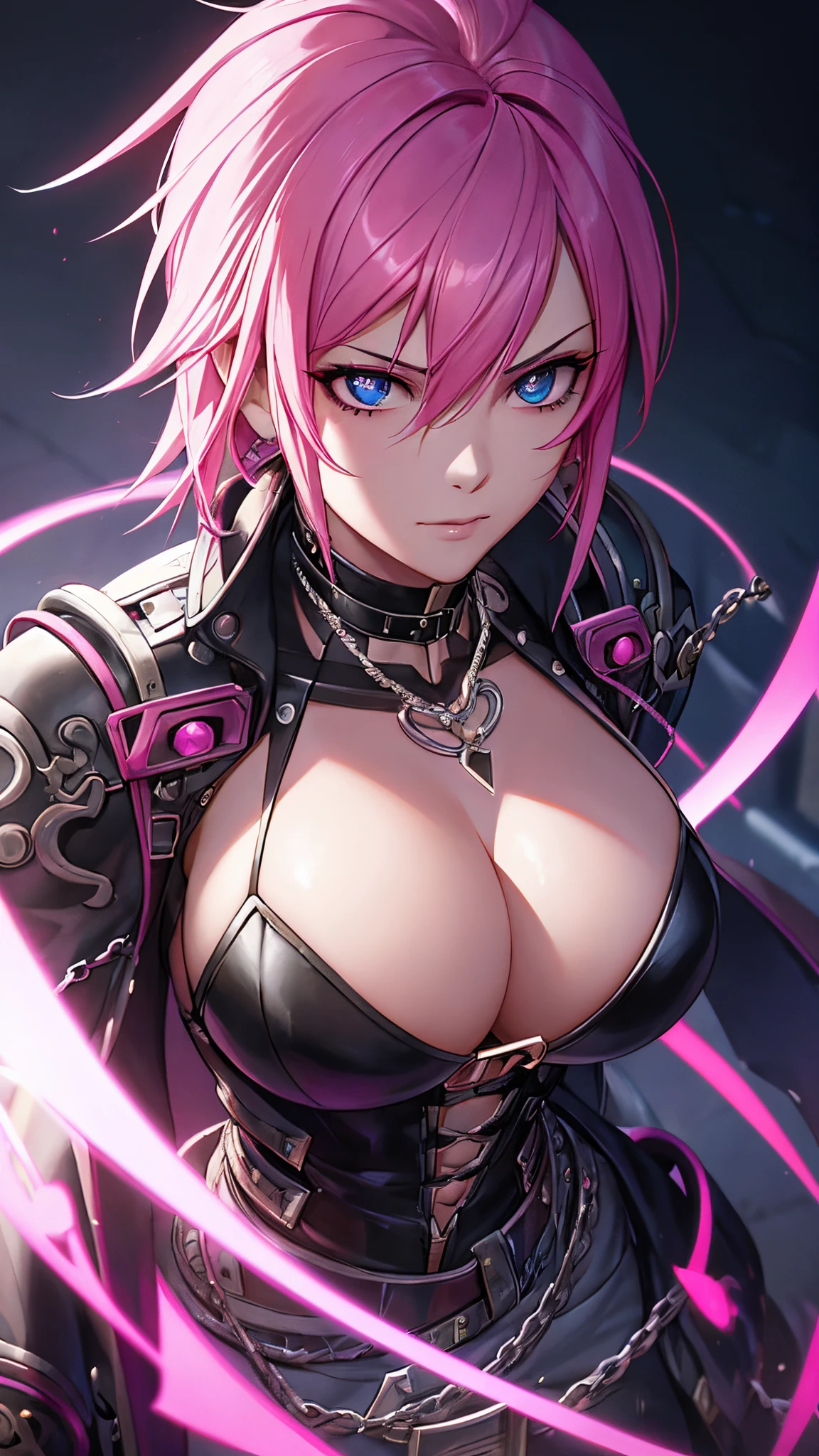 close-up of a man with pink hair and a chain around his neck,  big breast, Cyberpunk art, Inspired by Ross Tran, Trending on ArtStation, gothic art, Portrait of Vi from the movie &quot;Arcane&quot;, extremely detailed artgerm, detailed digital anime art, artwork in the style of guweiz, anime cyberpunk art, rossdraws 1. 0