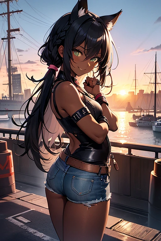 nsfw、masterpiece、best quality、(((super detailed dark skin)))、full body shot、1catgirl、(((adult woman)))、jadegreen eyes、(((dark bodyskin)))、(((african bodyskin)))、cat ears、horse tail、hair/(braided side pigtails)、flipped hair、midnight black hair、cleavage、(arms free)、(shoulders free)、(neck free)、wrists/(bracelets:1.3)、upper arms/(leather wristbands:1.3)、top/(small torn leather top:1.3)、hotpants/(small tight torn denim hotpants)、standing、background/(sunset city-harbor)、evil smile、mischievous face expression、