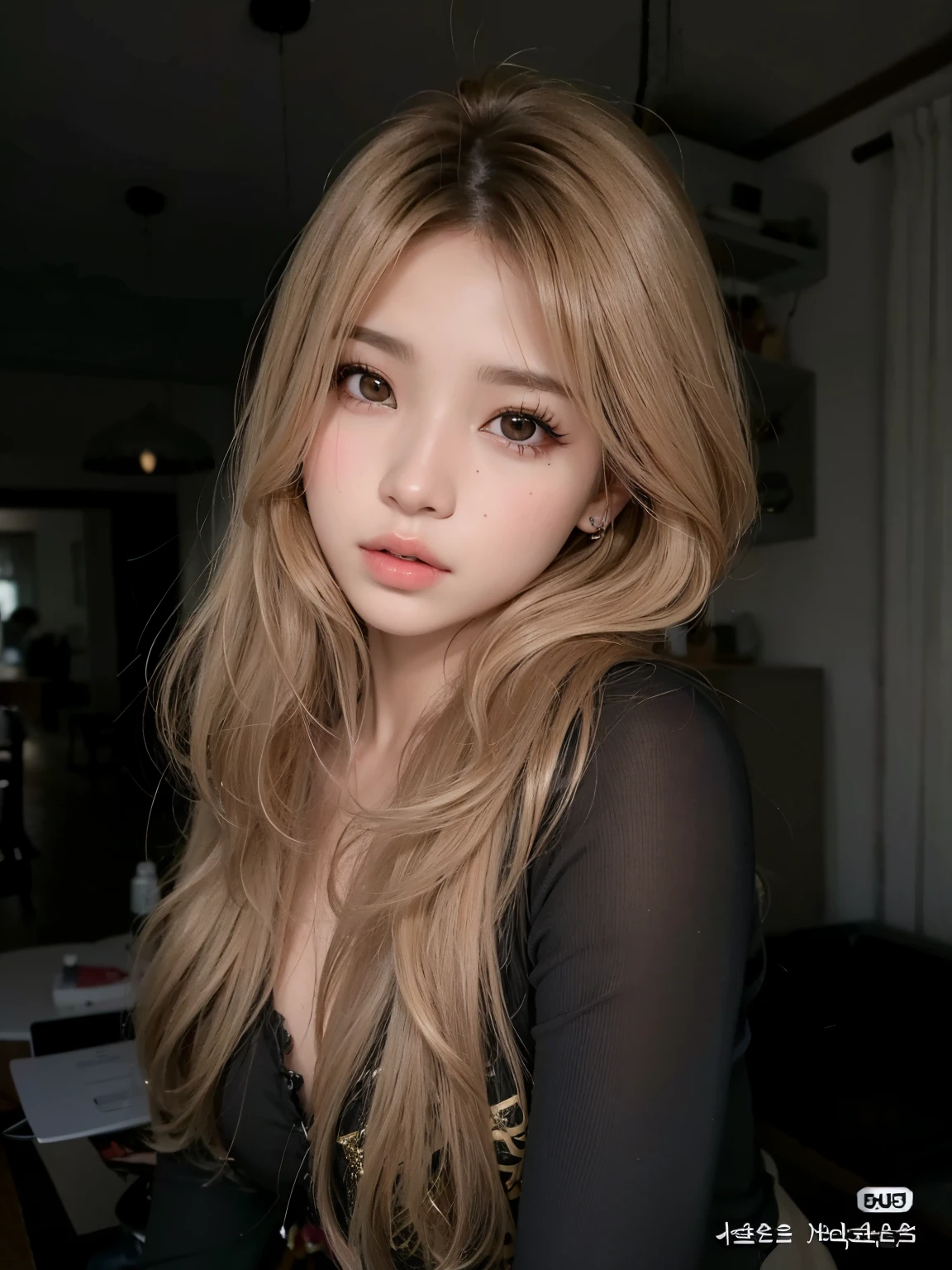 Mujer arafed con cabello largo y rubio y top negro posando para una foto., Hermosa mujer surcoreana, Hermosa joven coreana, Chica coreana, Hermosa joven coreana, Pretty face with brown and blonde hair, Cabello largo y rubio y ojos grandes, cabello rubio ceniza, cabello rubio y ojos grandes, Cabello beige, Cabello largo y rubio y ojos grandes, con cabello largo y rubio