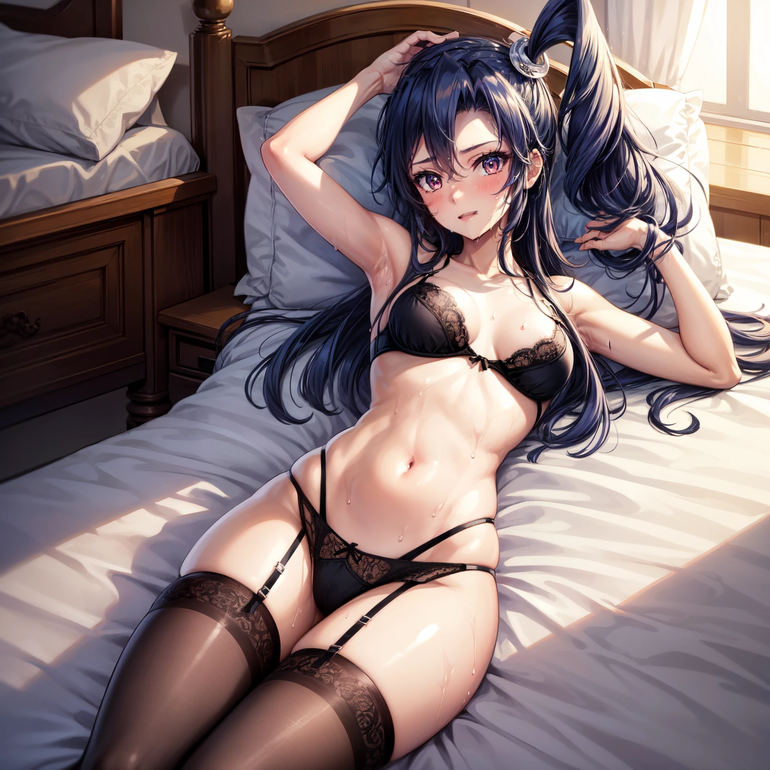 1 girl, Long blue hair left side Ponytail, red eyes with slit pupils, small breast, black lingerie, black panties, garterbelt with black stocking, laying top of bed, bedroom, wet, drenched, nipple perked out from under bikini, nipple see through bra,