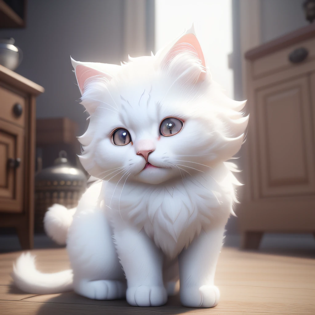 Super cute furry white cat , realisticlying, 4K, ultra - detailed, Vray rendering, unreal-engine, Midway Art Style