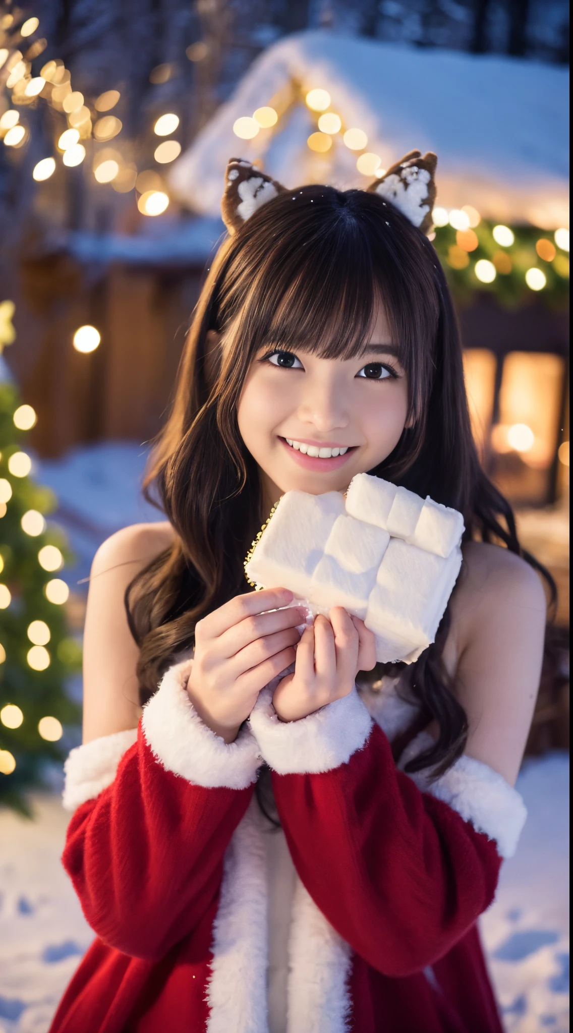 (Best Quality,4K,hight resolution,masutepiece:1.2),Realistic,Christmas,girl (21 years old),Hugging a big teddy bear,stuffed animal,Wear warm clothes,Snow falling in the background,Winter wonderland,Joyful expression,Magical atmosphere,Soft lighting,Vivid colors,Happiness,laught,Welcoming environment,Warmth,Smiling eyes,Curly hair,Shimmering decoration,Twinkling lights,toy train set,wrapped present,Rooftop with Santa Claus and reindeer flying in the distance,magic snowflake,christmas tree with ornaments,log cabin,curl up near the fireplace,hot chocolate with marshmallows,Peace and quiet,Excitement and anticipation,Snowy landscape,childhood innocence,Enchanted moments,Playful laughter,Upholstered stockings,Holiday spirit,love and togetherness.thighs thighs thighs thighs、off shoulders