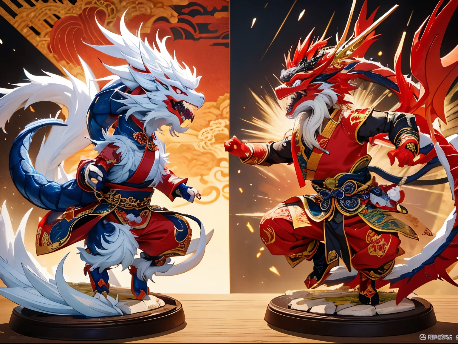 Chinese Dragon vs Japanese Dragon, masterpiece, best quality, super detail