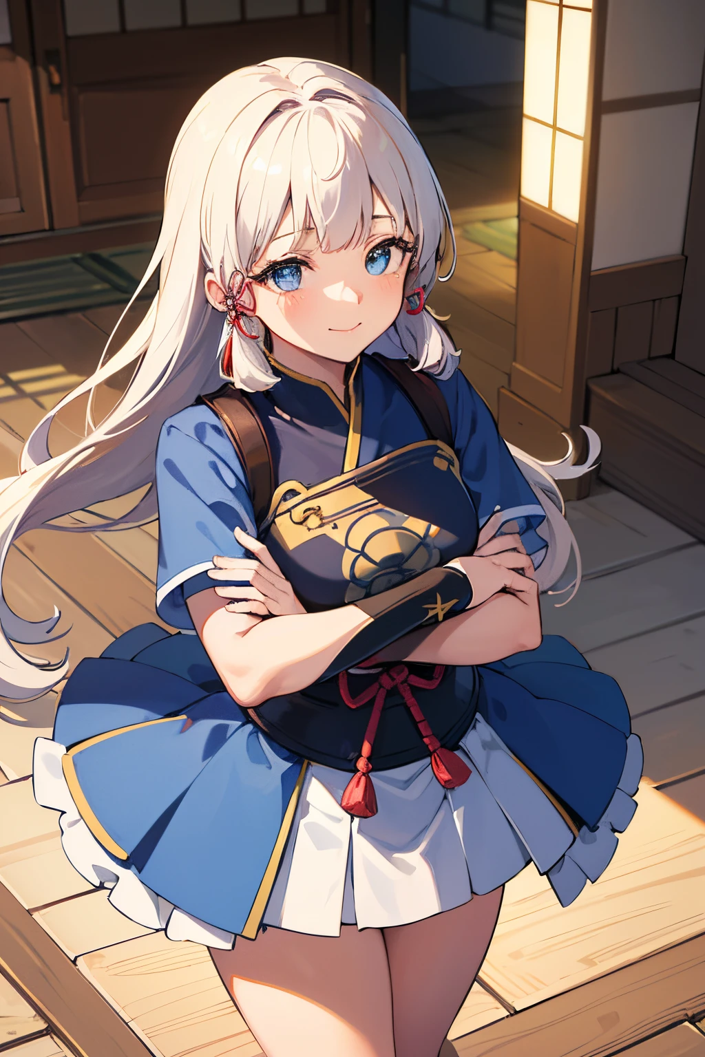 (((masterpiece))), 4k res, highly detailed, (((extremely detailed eyes))), detailed background, cinematic lighting, crystal clear eyes, high quality, highres, ultra-detailed, 8k, best quality, 1girl, solo, shadow, backlighting, light particles, Thick Eyelashes, Wide Sleeve, thick thighasterpiece:1.3), (the best quality:1.2), (super fine illustrations:1.2), (Masterpiece), high quality, high detail,(SOLO:1.4),((round image)), 1girl, kamisato ayaka, smile, blush, closed mouth, thick, medium breasts, traditional japanese house, from above, fingerless gloves, thick thighs, cowboy shot, crossed arms,