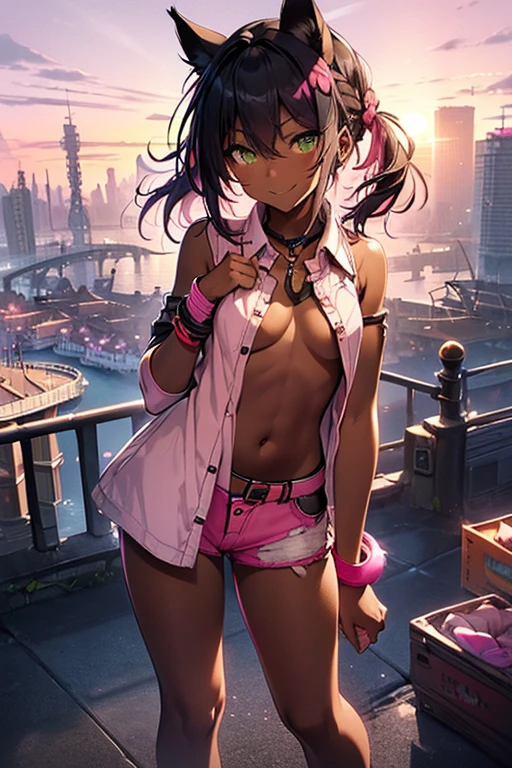 nsfw、masterpiece、best quality、(((super detailed dark skin)))、full body shot、1catgirl、(((adult woman)))、jadegreen eyes、(((dark bodyskin)))、(((african bodyskin)))、cat ears、horse tail、hair/(braided side pigtails)、flipped hair、midnight black hair、cleavage、(arms free)、(shoulders free)、(neck free)、wrists/(bracelets:1.3)、upper arms/(leather wristbands:1.3)、top/(mini torn leather top:1.3)、hotpants/(small tight torn denim hotpants)、hotpants/(((unbuttoned showing pink panties:1.3)))、standing、background/(sunset city-harbor)、cheeky smile、