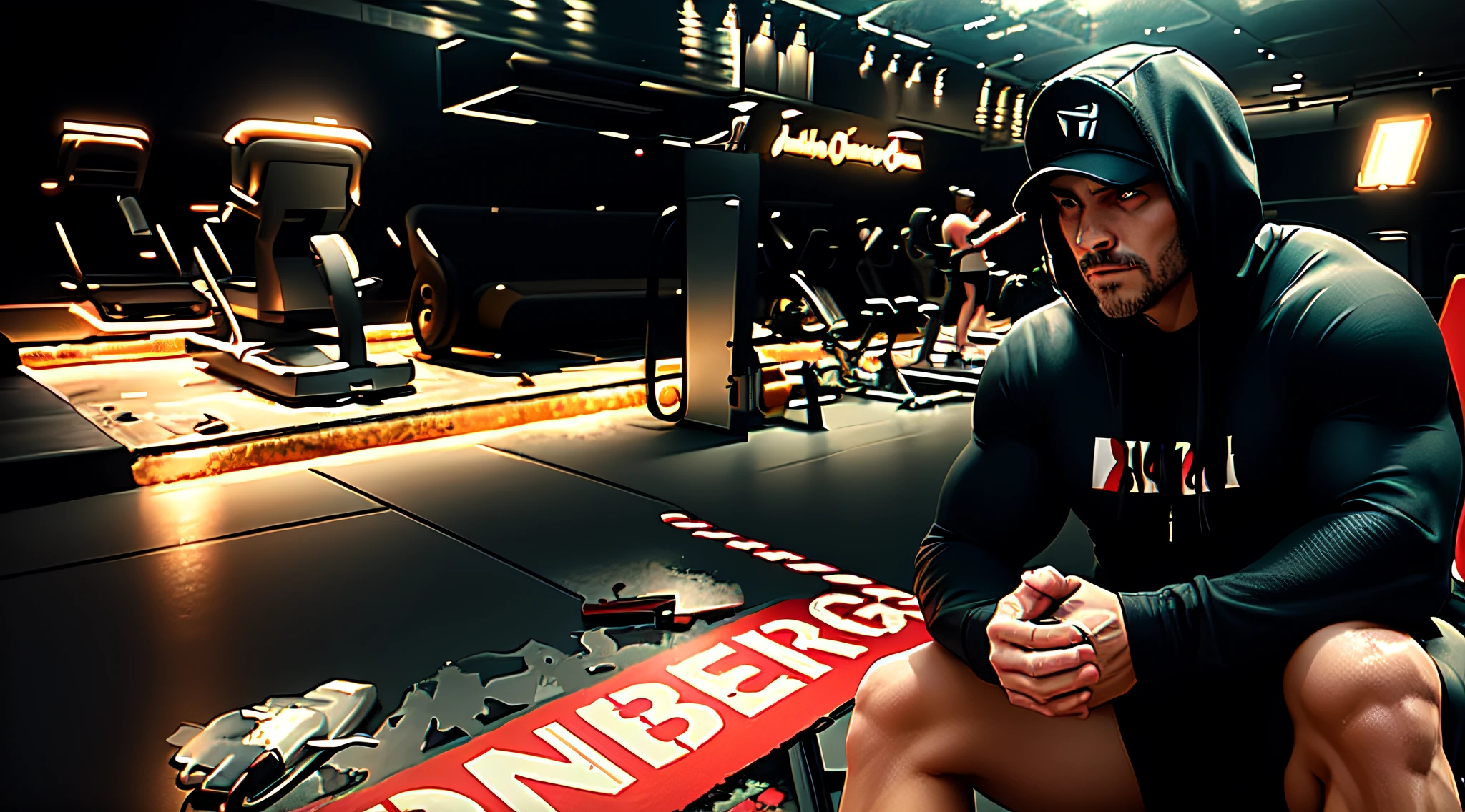 Create an irresistible image for our next video: "Best Gym Music | Treino Poderoso!" Imagine a futuristic scenario in an all-black gym, illuminated by intense core LEDs, especialmente em tons de vermelho. Destaque um fisiculturista imponente e motivado, posicionado estrategicamente no centro da cena. He wears a black blouse with a hat on his head and a cap... (estilo cbum), personifies strength, determination and dedication to training. His posture reflects the confidence of someone who is about to overcome challenges. The color palette will be crucial. Utilize o preto como pano de fundo para enfatizar a intensidade da cena. Os LEDs vermelhos devem criar um contraste vibrante, adding a dramatic and futuristic touch. Considere distribuir estrategicamente pontos de luz vermelha para destacar o atleta&#39;muscles and create an engaging aesthetic effect. Make sure the composition conveys palpable energy and an inspiring workout atmosphere. Explore dynamic angles to emphasize the grandeur of the athlete and the modernity of the environment. Lembre-se, We want viewers to feel instantly drawn to the image and motivated to click to discover more about the best music to power their workouts... Seja ousado, creative and make each element of the image contribute to the creation of an irresistible aesthetic that captures the public&#39;attention-getting.