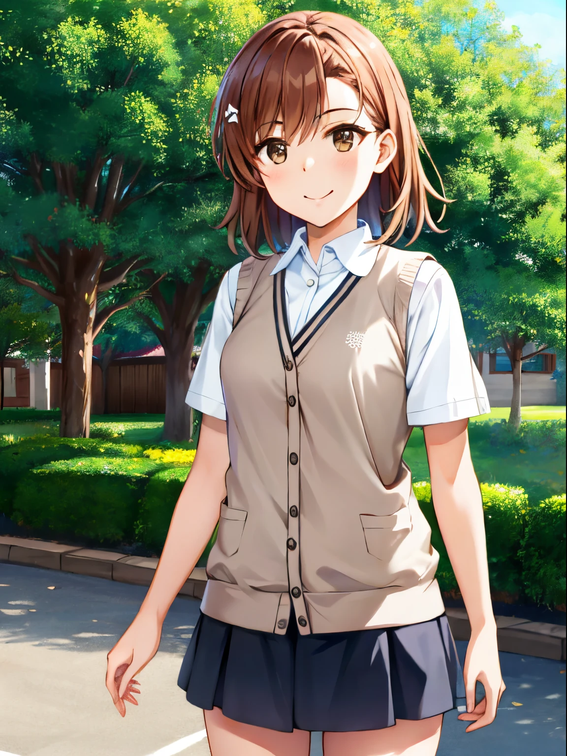 Misaka_mikoto, 1 persons, 独奏,​masterpiece、top-quality、a closed mouth、ighly detailed,Three-dimensional feeling、full-body view、a park、 super precision、[[In high-quality anime、Misaka has cute light brown hair and brown eyes.:1.15]],(cowboy  shot:1.4)、(校服:1.4)、耳环、Neck_bow ribbon、outside of house、Sunnyday、smile detailed、blue-sky、Light Brown Sleeveless Cardigan、grey miniskirt、