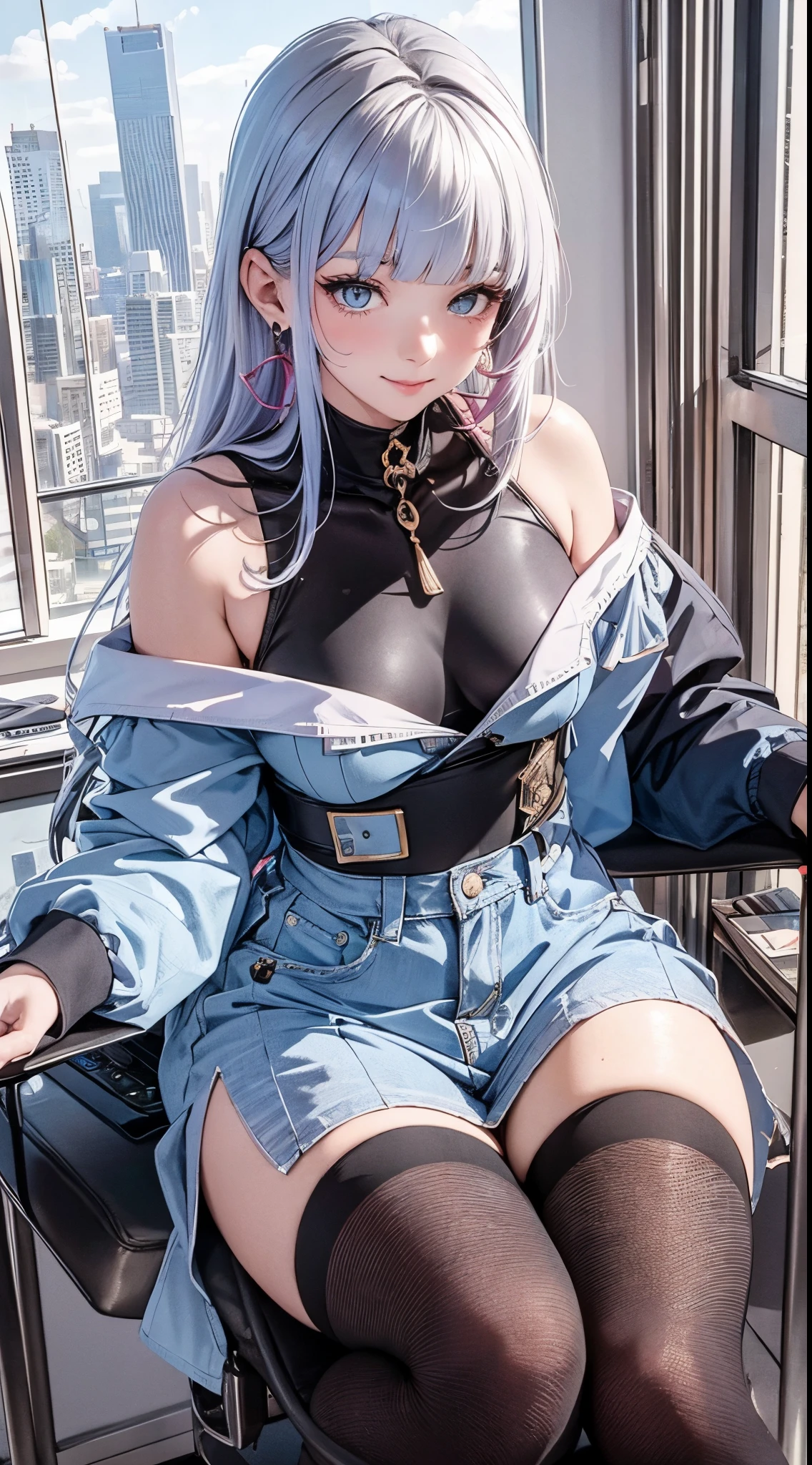 Character Details:, - Gender: 1 Girl.
- Style: Anime, - Body Type: Attractive body, slim body, nice legs, slim tights, nice arms, nice shoulders. - Breast: ((Small Breast:1,5)), Show Cleavage.
- Facial Feature Beautiful, Gorgeous, ager, Fresh, Young.
- Expression: Smile, Pink Blush on Face, Sexy Eyes, Sexy Look, Innocent Look, Tipsy. - Hairstyle: Blunt Bangs, Long Hair. - Hair Color: Light Blue Hair.
- Clothing: off-shoulder, white cotton shirt, skirt, modern. - Body Pose: (Sitting). - Behaviour: Waiting, Want Something, Secretly.
- Accessories: Earrings. Environmental Details:, - Setting: Office Room., - Lighting: Natural Light., - Decoration: Modern Office Desk, Chair, Window, White Curtain, City View. Top view.- Masterpiece, top quality, best quality, official art, beautiful, and aesthetic:1.2 - Fractal art:1.1, Colorful:1.1, Highest detailed:1.2, Zentangle:1.2 - Crisp details, Sharp lines, Rich textures, Fine craftsmanship:1.3 - High resolution, Meticulous rendering:1.2, POV, anime style, UHD, retina, masterpiece, accurate, anatomically correct, textured