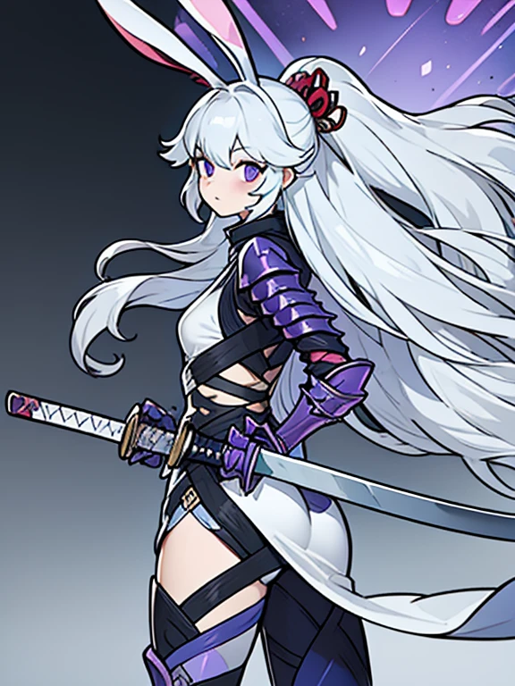 silver hair, armor, samurai, purple highlights in hair ombre getty purple, bunny ears, katana,