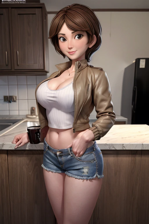 ((masterpiece:1.2), (best quality), (ultra detailed), (8k, 4k, intricate),(full-body-shot:1), wide shot, solo, daylight, 1girl, Aunt Cass a 40-year-old woman with Caucasian skin, medium female body and breasts medium sized, alone, evil smirk,sexy pose, looking at viewer, (jacket, crop-top, shorts:1.2),