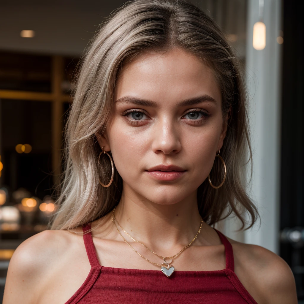 Silver-haired girl, Clear, glowing skin, yeux bleus, contraste parfait, balance the light, corps parfait, portant un collier et une boucle d&#39;oreille en or, posant dans un jean court rouge, Sweet Lips, Highest quality, 8k, Ultra-detailed image