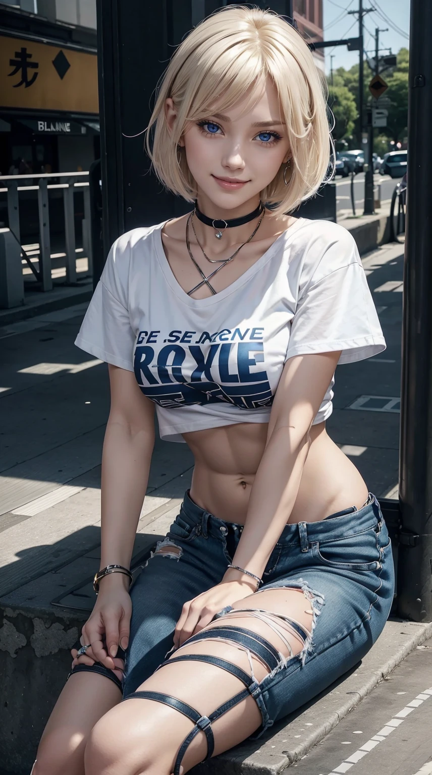 25-year-old Caucasian woman、platinum-blonde、blue eyess、Short Bob、Inner winding、using a hair band、accessories on the wrist、wearing a choker、a smile、I can see the belly button、My abs are cracked、a smile、Slender but well-proportioned muscular body、I don't want my head to disappear from the screen.、wearing a T-shirt with a logo on it、I'm wearing low-rise skinny pants、I'm wearing lace-up sandals、Sitting with your knees upright、Facing to the side