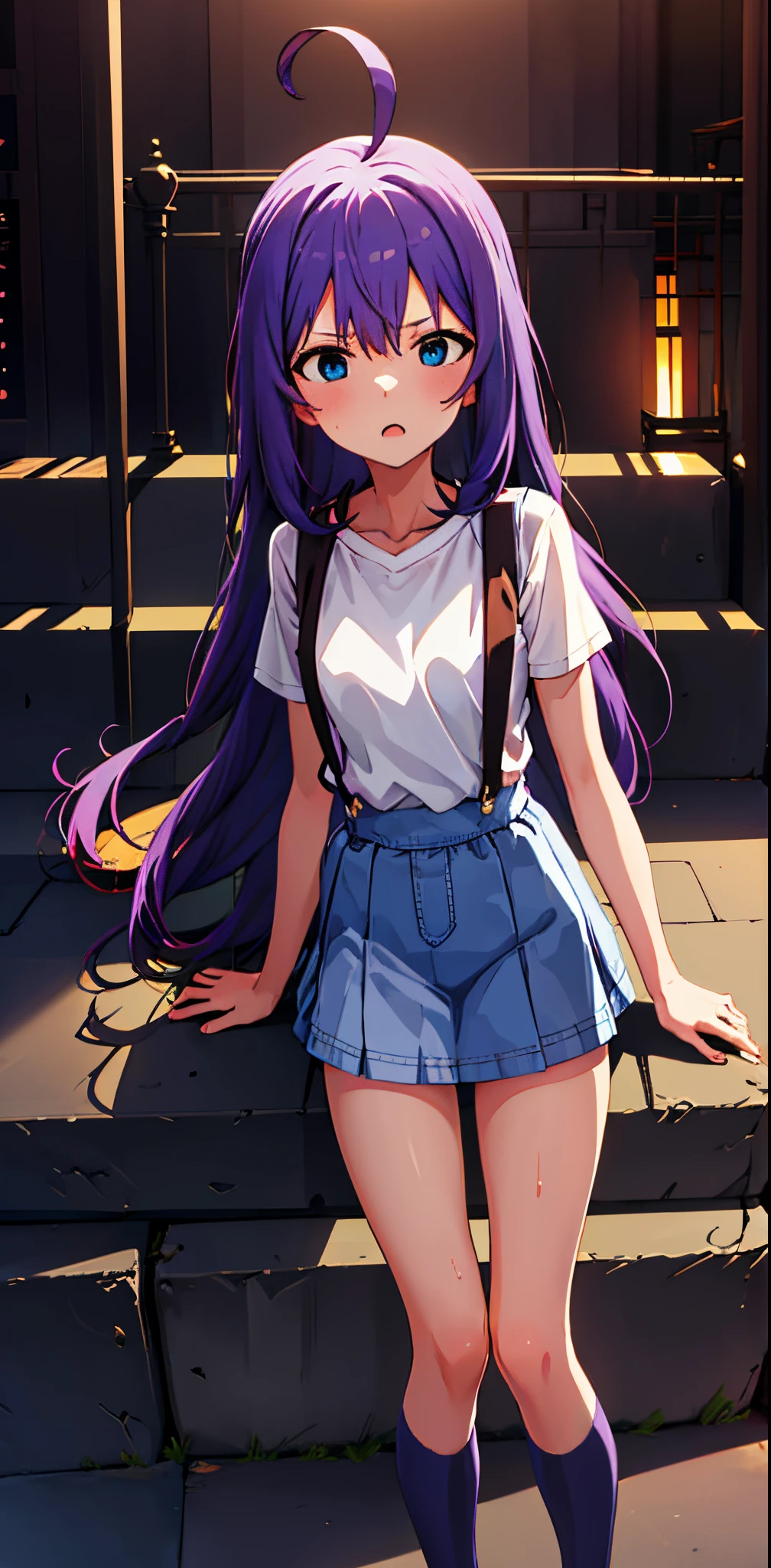 {{{{{mochizuki anna}}}}},1girl,solo,long hair,purple hair,small_ahoge,blue eyes.short stature.white t-shirts.suspenders.skirt.(((masterpiece))).(((best quality))).((ultra-detailed))).(((illustration))).night view.small Breasts.fighting stance