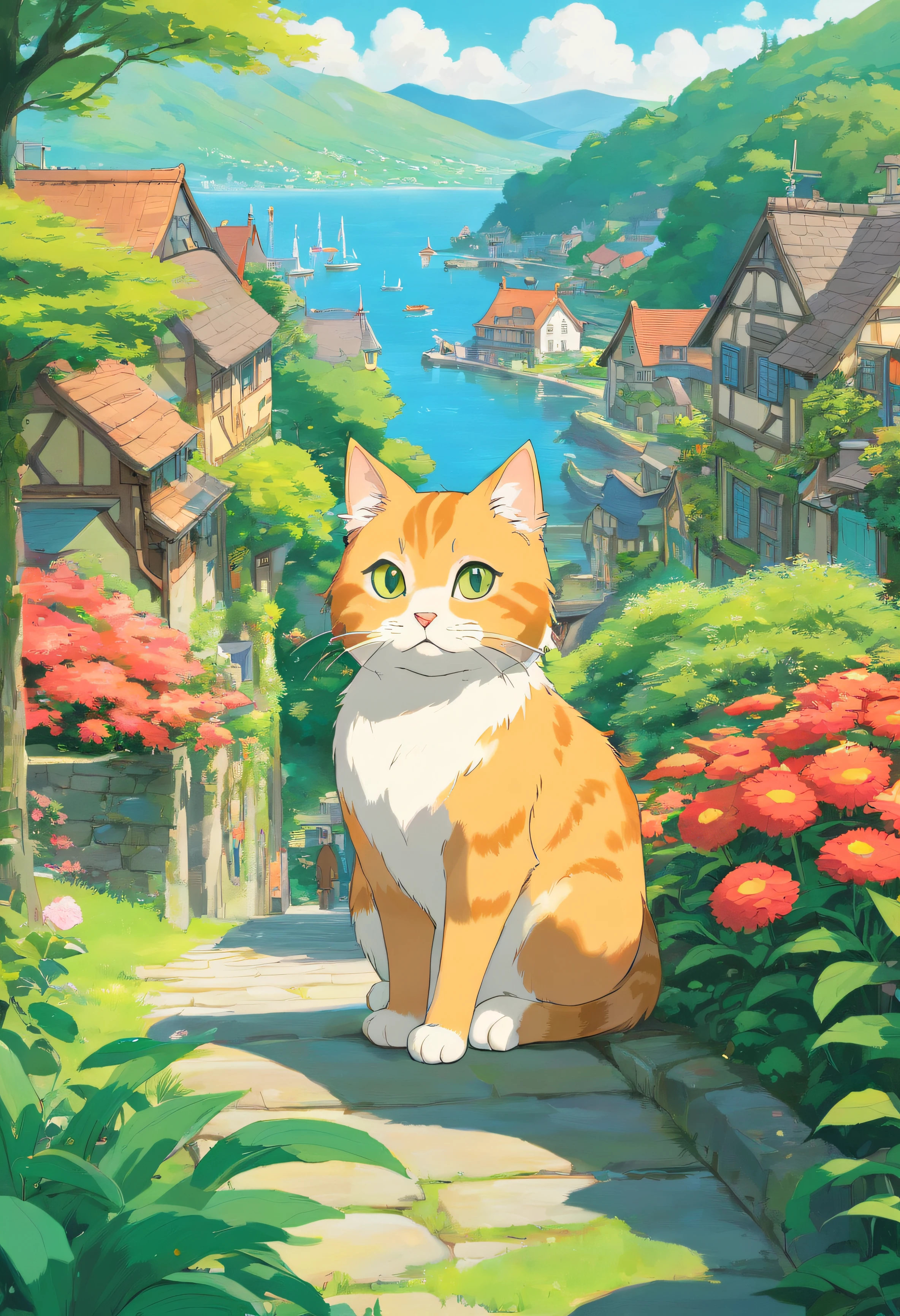 Scottish folding cat, cute big breasts, tropical garden, lakeside, There are houses in the distance.