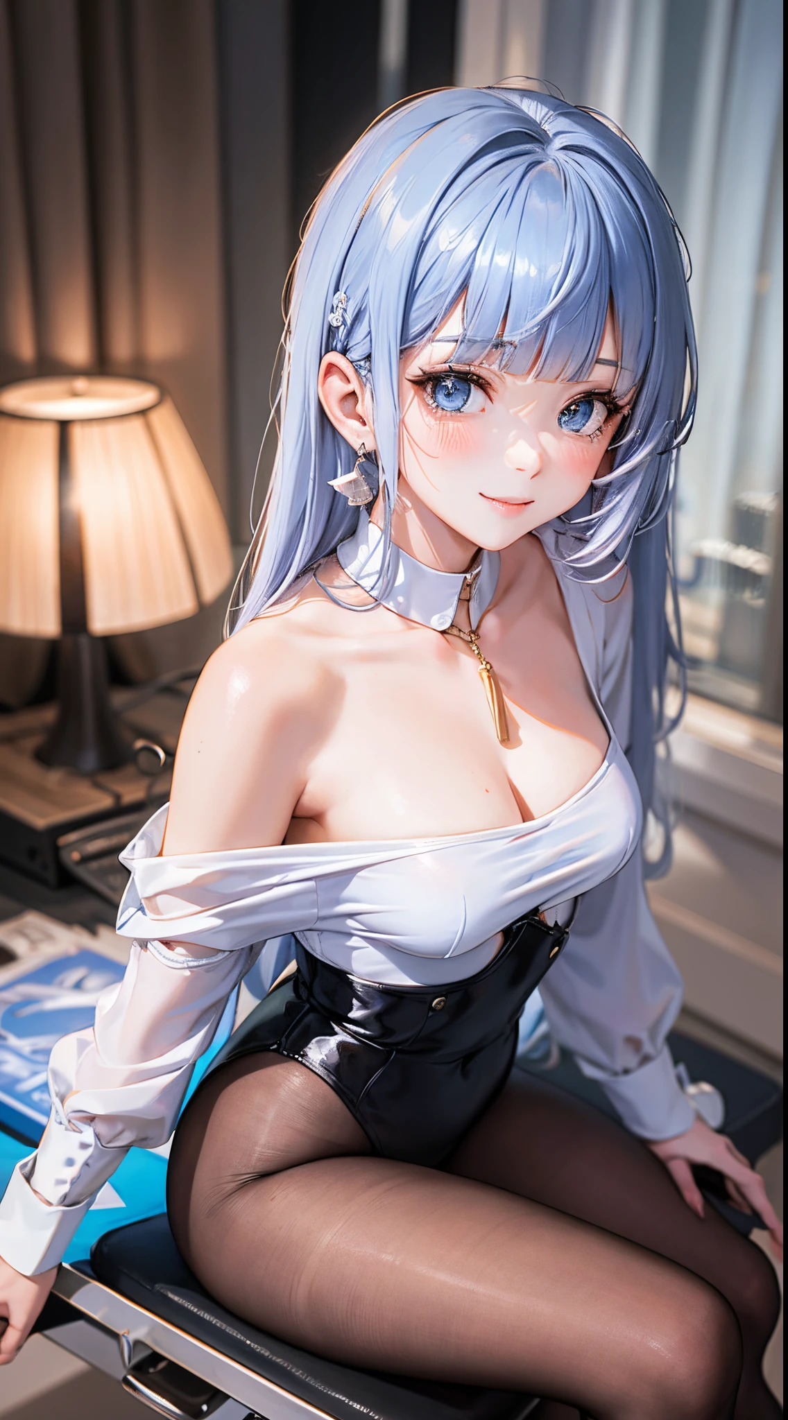 Character Details:, - Gender: 1 Girl.
- Style: Anime, - Body Type: Attractive body, slim body, nice legs, slim tights, nice arms, nice shoulders. - Breast: ((Small Breast:1,5)), Show Cleavage.
- Facial Feature Beautiful, Gorgeous, ager, Fresh, Young.
- Expression: Smile, Pink Blush on Face, Sexy Eyes, Sexy Look, Innocent Look, Tipsy. - Hairstyle: Blunt Bangs, Long Hair. - Hair Color: Light Blue Hair.
- Clothing: off-shoulder, white shirt. - Body Pose: (Sitting). - Behaviour: Waiting, Want Something, Secretly.
- Accessories: Earrings. Environmental Details:, - Setting: Office Room., - Lighting: Natural Light., - Decoration: Modern Office Desk, Chair, Window, White Curtain, City View. Top view.- Masterpiece, top quality, best quality, official art, beautiful, and aesthetic:1.2 - Fractal art:1.1, Colorful:1.1, Highest detailed:1.2, Zentangle:1.2 - Crisp details, Sharp lines, Rich textures, Fine craftsmanship:1.3 - High resolution, Meticulous rendering:1.2, POV, anime style, UHD, retina, masterpiece, accurate, anatomically correct, textured.