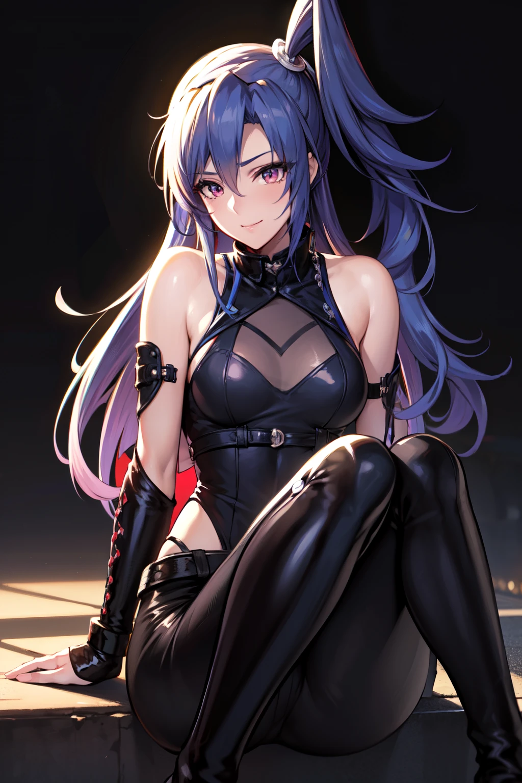 Beautiful Girl, Full body, Tousled Long blue hair left side Ponytail, red eyes with slit pupils, small breasts,  ((Pose Seductive:1.0)), Black eyeshadow, (street style wear:1.2), ((Tight-fitting pants)), ((Knee High Leather Boots)), (dark city night black background:1.4),  (light_Smile:1.0), Dark makeup, Digital Art, Trending on ArtStation, Highly detailed, Fine detail, Convoluted, Beautiful detailed glow, Detailed, Cinematic Light, hight resolution, detailed facial features, Sharp Focus, Smooth, Aesthetic,