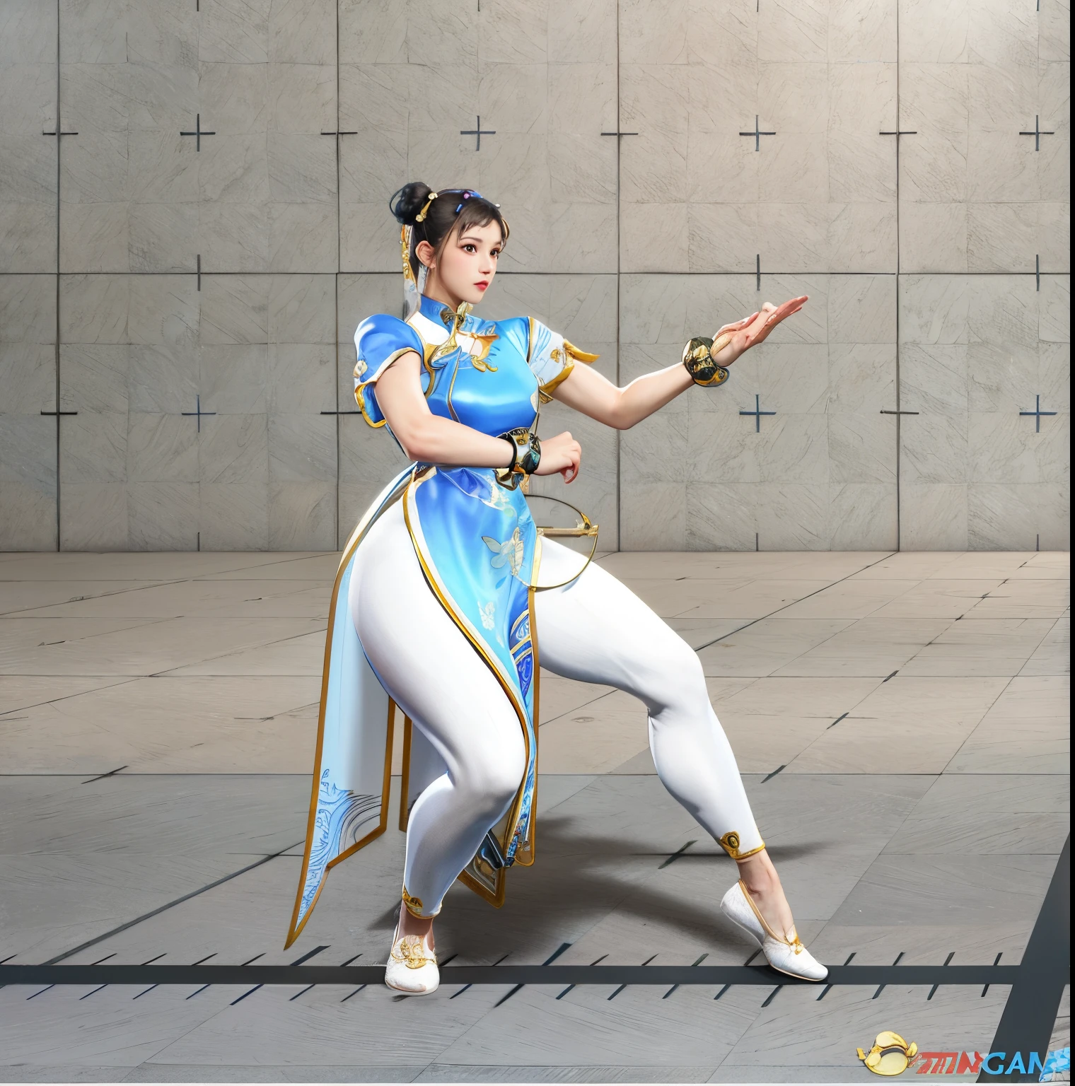 There  a woman in blue and white holding a tennis racket, chun li, chun - li, Chun-li, Portrait of Chun Li, chun li at the gym, Portrait of Chun Li, fighter pose, fighting game character, full body xianxia, Fighting posture, martial art pose, Fighting posture, Character posing, As a character in Tekken