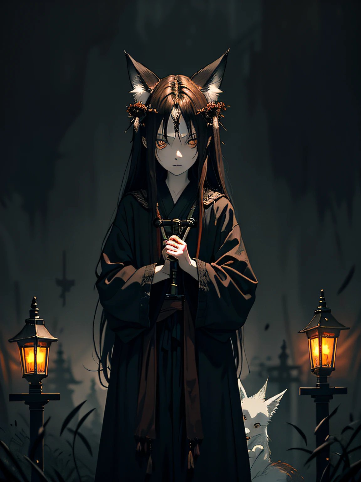 (dark dark fantasy), ((hopeless gloomy fox girl)), brown hair, Long hair, closed long clothes, long sleeves, holding a steel naginata, holding steel chris, decorations and gadgets made from thorns, Phantom Lights, ghost fire, Cold lighting