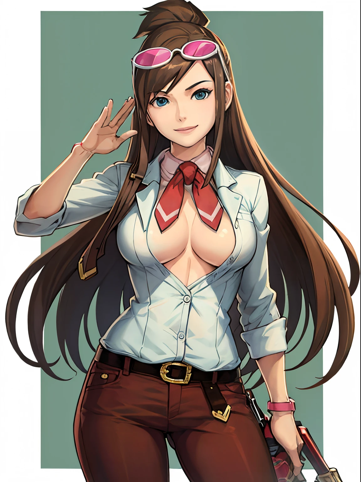 High quality, official art, Ema Skye, cute, tinted eyewear on head, bra, topless, brown pants,  white background, (large breast), seductive smile