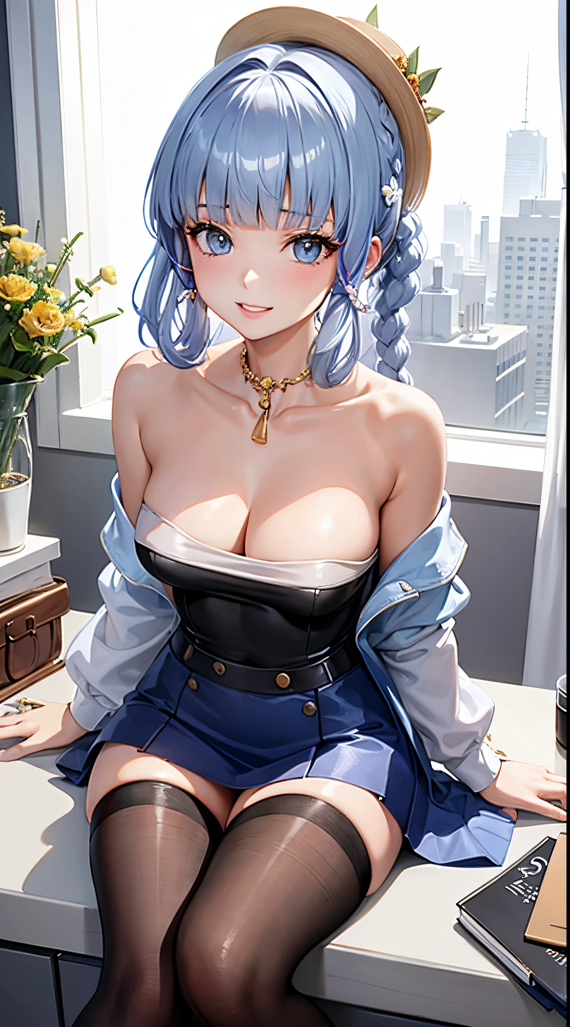 Character Details:, - Gender: 1 Girl.
- Style: Anime, - Body Type: Attractive body, slim body, nice legs, slim tights, nice arms, nice shoulders. - Breast: ((Small Breast:1,5)), Show Cleavage, Nipples.
- Facial Feature Beautiful, Gorgeous, ager, Fresh, Young.
- Expression: Smile, Pink Blush on Face, Sexy Eyes, Sexy Look, Innocent Look, Tipsy. - Hairstyle: Blunt Bangs, Long Hair. - Hair Color: Light Blue Hair.
- Clothing: off-shoulder, office shirt, skirt, stocking. - Body Pose: (Sitting). - Behaviour: Waiting, Want Something, Secretly.
- Accessories: Earrings. Environmental Details:, - Setting: Office Room., - Lighting: Natural Light., - Decoration: Modern Office Desk, Chair, Window, White Curtain, City View. Top view.- Masterpiece, top quality, best quality, official art, beautiful, and aesthetic:1.2 Highest detailed:1.2, Crisp details, Sharp lines, Rich textures, Fine craftsmanship:1.3 - High resolution, Meticulous rendering:1.2, POV, anime style, UHD, retina, masterpiece, accurate, anatomically correct, textured.