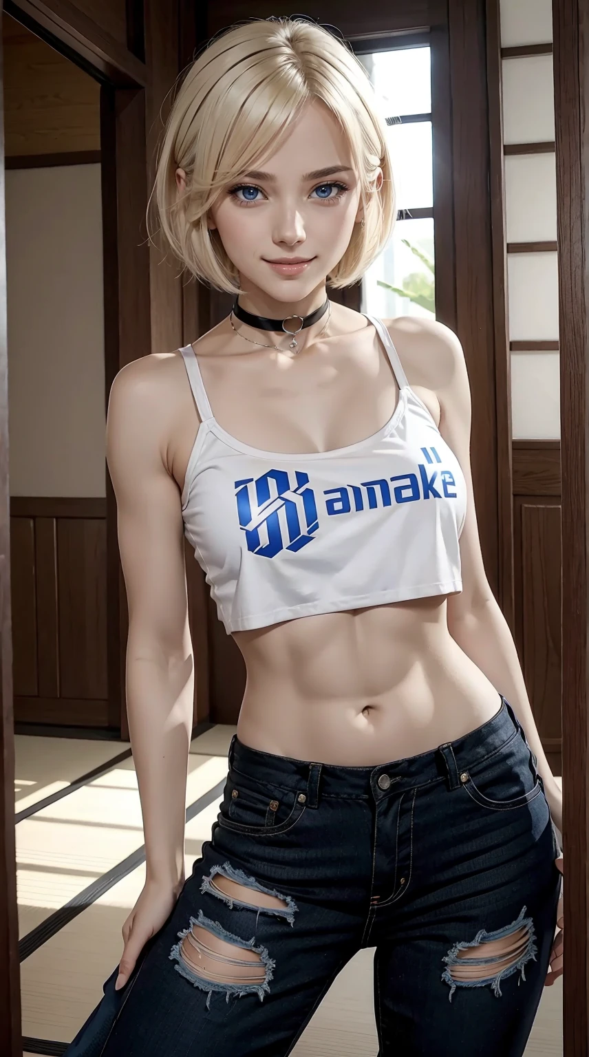 25-year-old Caucasian woman、platinum-blonde、blue eyess、Short Bob、Inner winding、using a hair band、accessories on the wrist、wearing a choker、a smile、I can see the belly button、My abs are cracked、a smile、Slender but well-proportioned muscular body、I don't want my head to disappear from the screen.、wearing a T-shirt with a logo on it、I'm wearing low-rise skinny pants、I'm sitting straight in the tatami room、Facing to the side