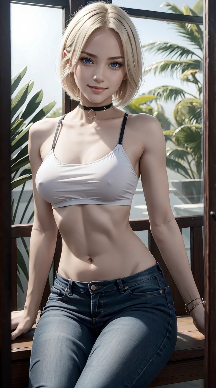 25-year-old Caucasian woman、platinum-blonde、blue eyess、Short Bob、Inner winding、using a hair band、accessories on the wrist、wearing a choker、a smile、I can see the belly button、My abs are cracked、a smile、Slender but well-proportioned muscular body、I don&#39;t want my head to disappear from the screen.、wearing a T-shirt with a logo on it、I&#39;m wearing low-rise skinny pants、I&#39;m sitting straight in the tatami room、Facing to the side