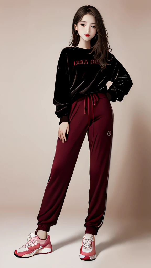 ((Best quality at best)), (ultra - detailed), (extremely detaild的 CG unified 8k wallpapers), Very meticulous, High-resolution RAW color photos, professional photoshooting, 1900 Anciat:1.3),A cute girl stands up and poses for a photo, (Girl wearing sweatshirt and velvet wide-leg pants:1.2),(Professional and meticulous clothing design:1.3),red pink lips,cabelos preto e longos,athletic sneakers,Aristocratic design,(Petals splash art on background:1.1)(Professionally photographed),Extremely beautiful, perfect body figure,Have perfect legs,amazing face and eyes, (Very beautiful girl),full-body view