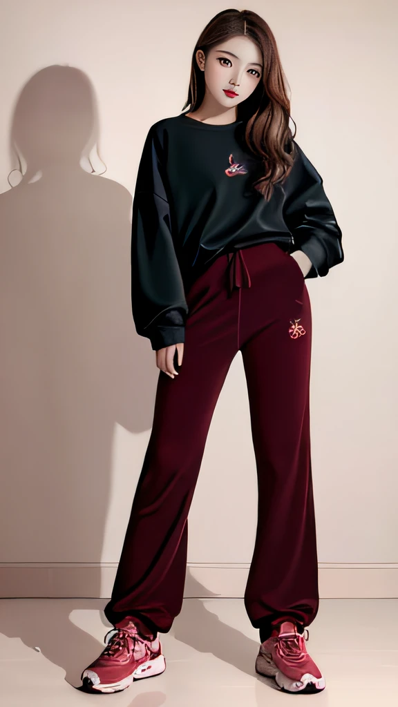 ((Best quality at best)), (ultra - detailed), (extremely detaild的 CG unified 8k wallpapers), Very meticulous, High-resolution RAW color photos, professional photoshooting, 1900 Anciat:1.3),A cute girl stands up and poses for a photo, (Girl wearing sweatshirt and velvet wide-leg pants:1.2),(Professional and meticulous clothing design:1.3),red pink lips,cabelos preto e longos,athletic sneakers,Aristocratic design,(Petals splash art on background:1.1)(Professionally photographed),Extremely beautiful, perfect body figure,Have perfect legs,amazing face and eyes, (Very beautiful girl),full-body view