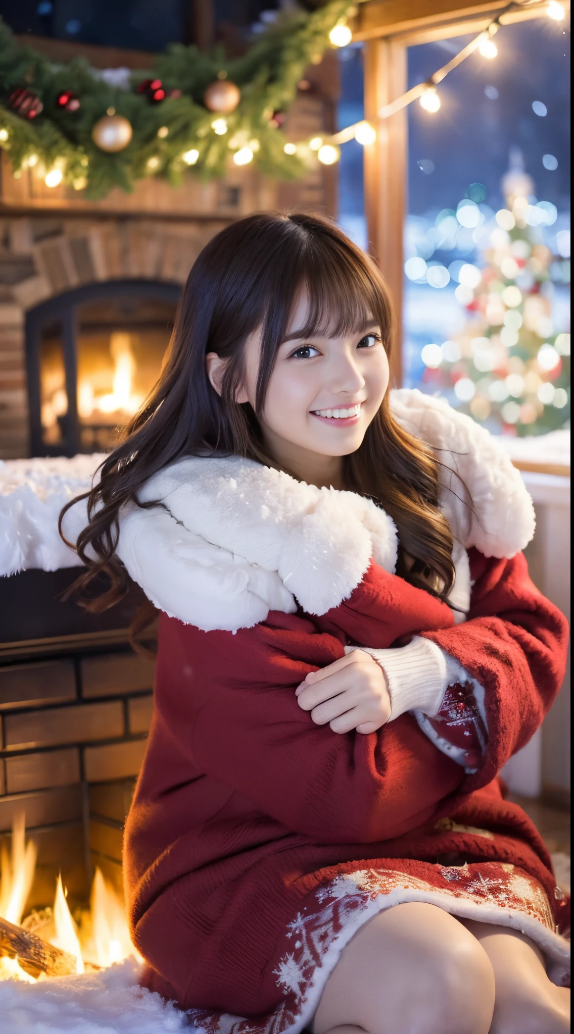 (Best Quality,4K,hight resolution,masutepiece:1.2),Realistic,Christmas,girl (21 years old),Hugging a big teddy bear,stuffed animal,Wear warm clothes,Snow falling in the background,Winter wonderland,Joyful expression,Magical atmosphere,Soft lighting,Vivid colors,Happiness,laught,Welcoming environment,Warmth,Smiling eyes,Curly hair,Shimmering decoration,Twinkling lights,toy train set,wrapped present,Rooftop with Santa Claus and reindeer flying in the distance,magic snowflake,christmas tree with ornaments,log cabin,curl up near the fireplace,hot chocolate with marshmallows,Peace and quiet,Excitement and anticipation,Snowy landscape,childhood innocence,Enchanted moments,Playful laughter,Upholstered stockings,Holiday spirit,love and togetherness.thighs thighs thighs thighs、off shoulders