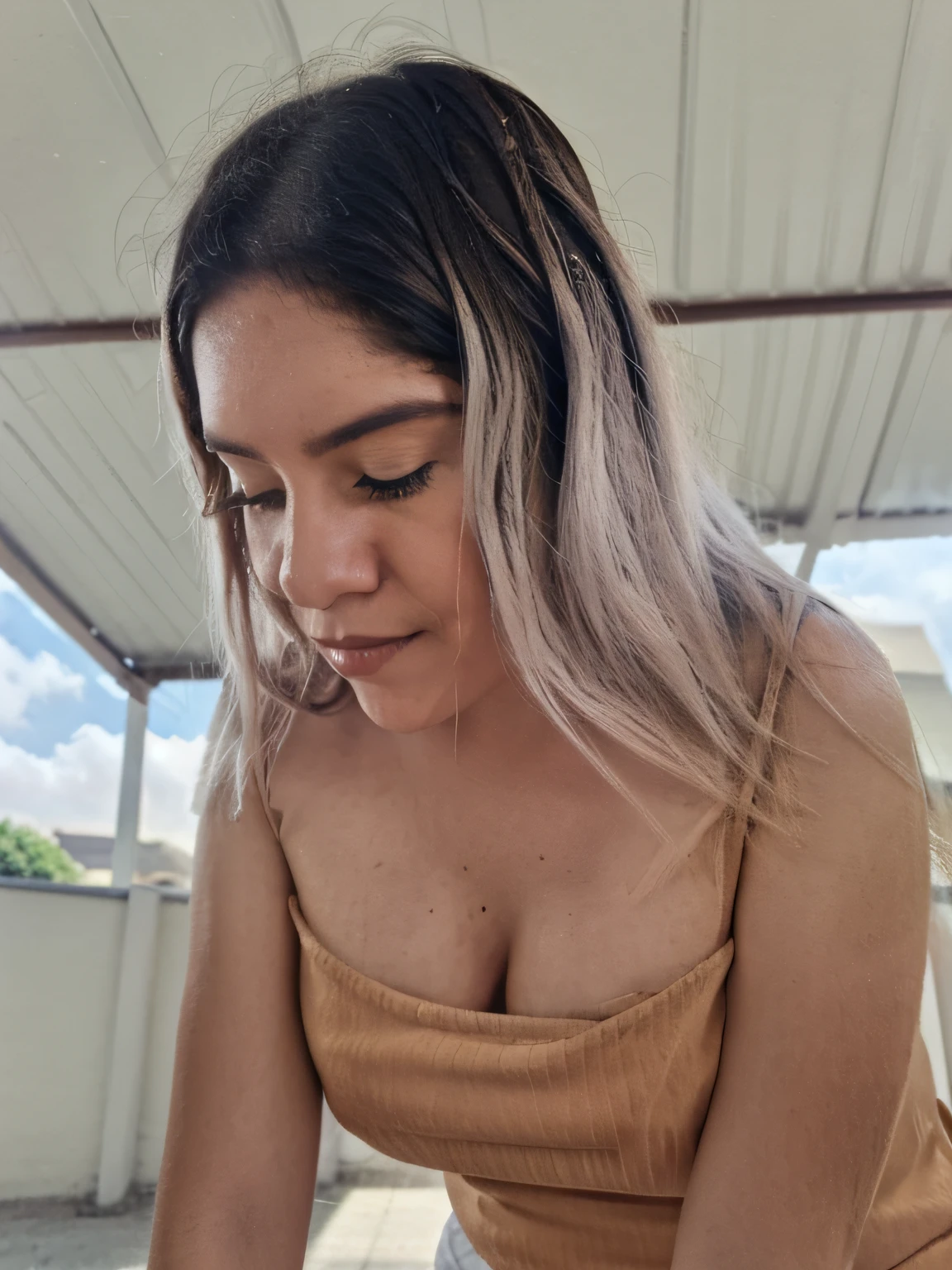 Photography, raw photo, good quality, best quality, masterpiece, cute face, dress, cleavage, ((visible nipple)), nipples, Loose neckline, downblouse,