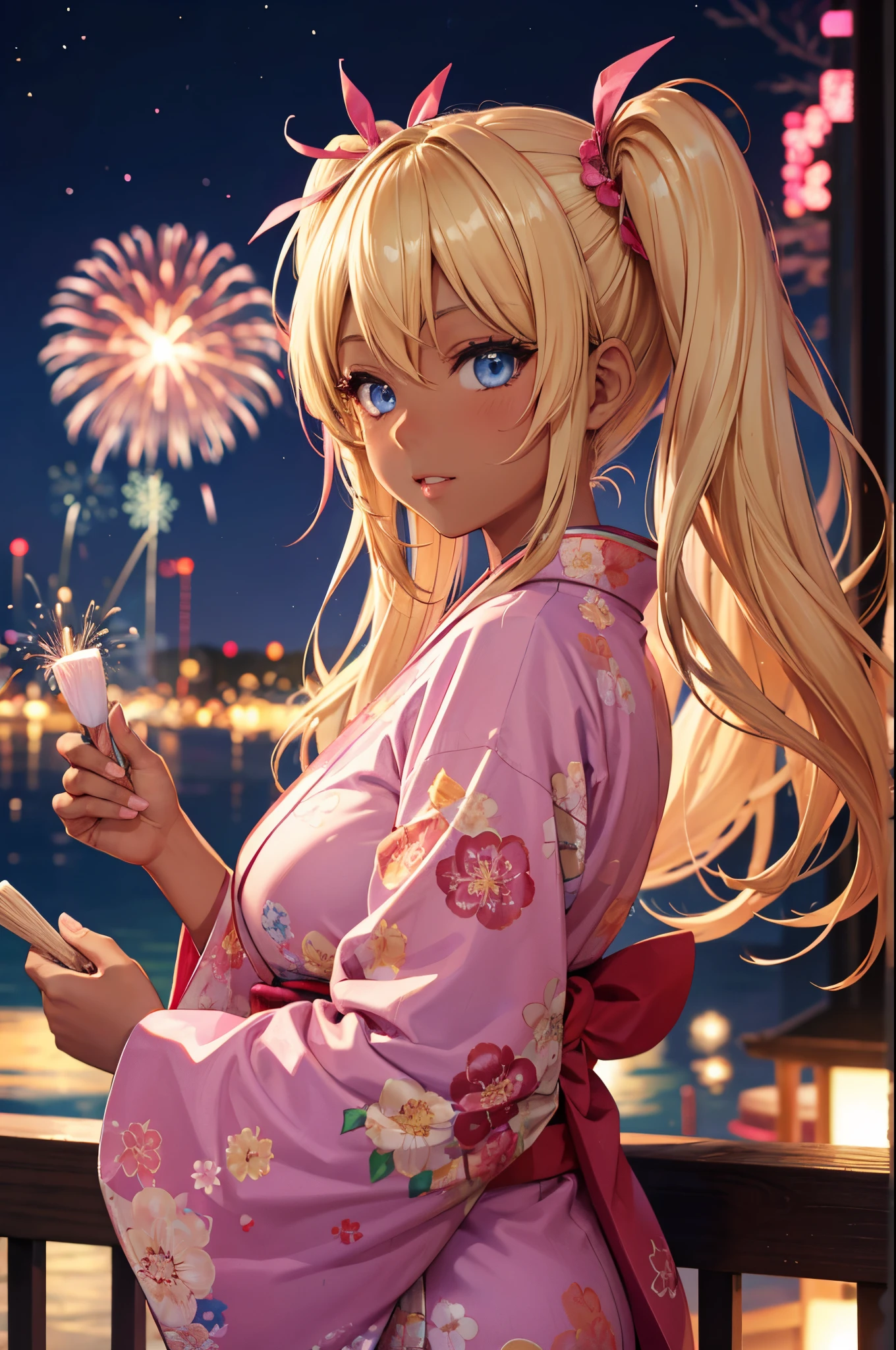 Female gyaru, twintails Blonde hair, Blue eyes, dark brown skin, large breasts, wearing a pink kimono with floral accents, fireworks at night in the background.