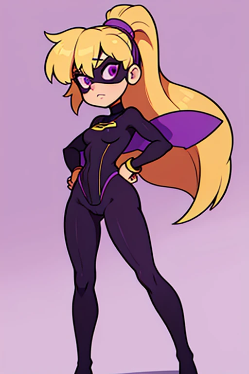 (best quality), (flat shading style 2), 1girl, white blank background, looking at viewer, full body, blonde, purple and black bodysuit with thick vertical stripes, standing, wide hips, long legs, superhero, eyemask, tattletale, lisa wilbourne