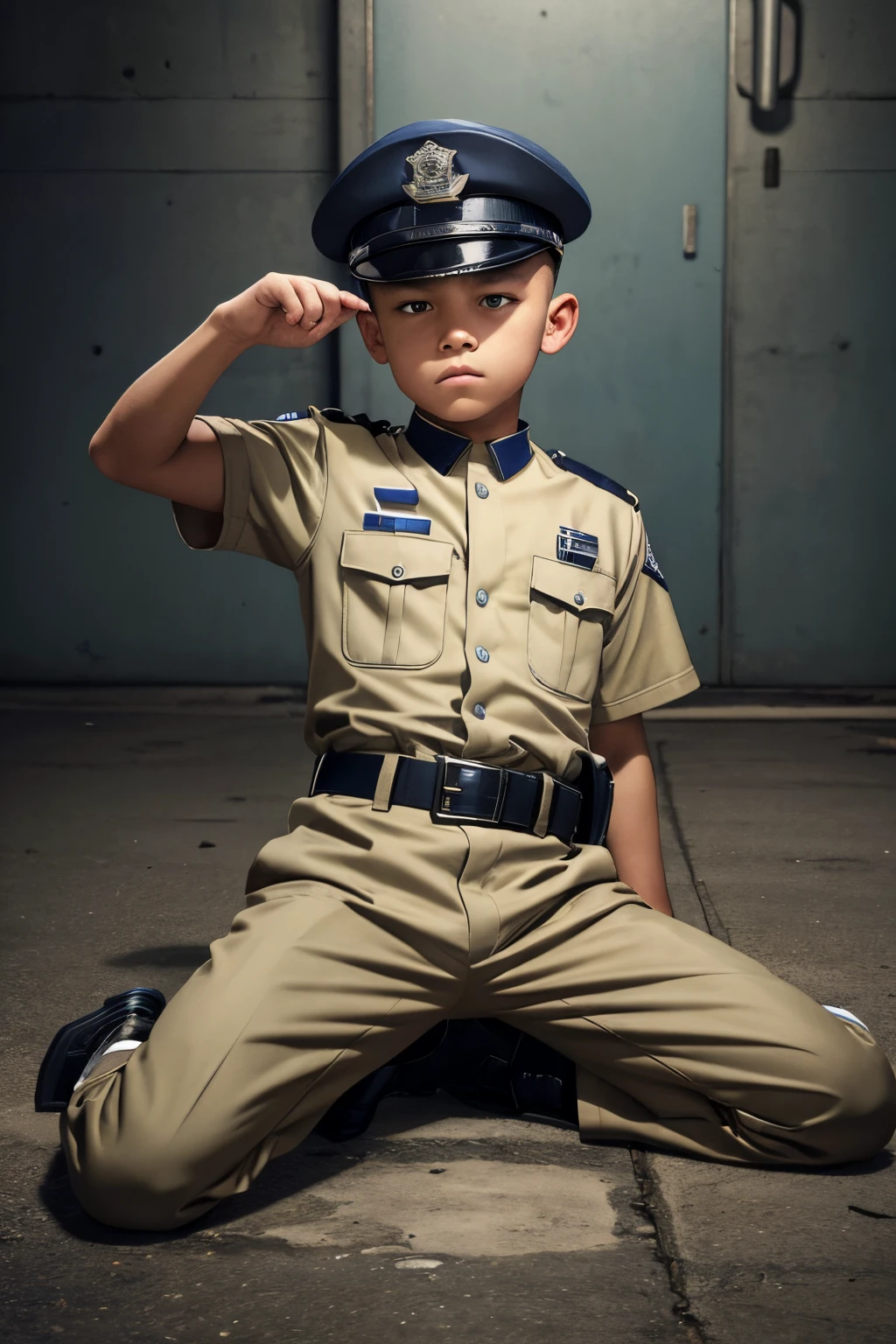  male boy, serious face, detail police uniform, wear cap, Shaved head faded sides ,sit pose, leg open widely, look on uniform belt trouse, REALISTIC, dirty prison background, urine on ground, whip butt, closer look on belt, view from bottom, view uniform trouser look