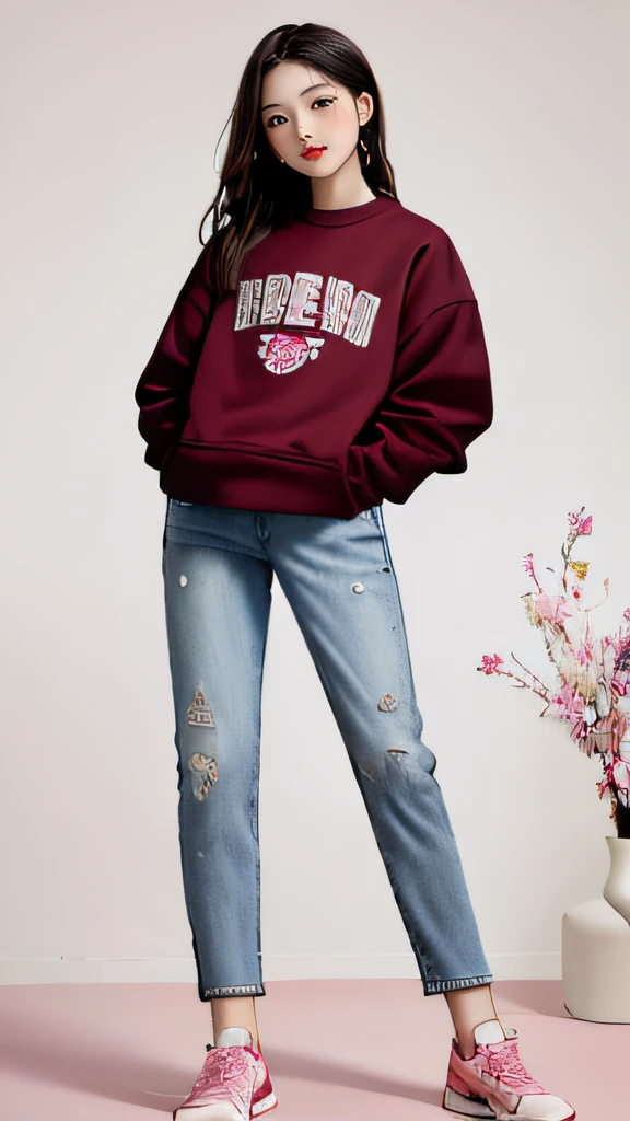 ((Best quality)), (ultra - detailed), (extremely detaild的 CG unified 8k wallpapers), Very meticulous, High-resolution RAW color photos, professional photoshooting, 1900 Anciat:1.3），A cute girl stands up and poses for a photo, （Girl wearing sweatshirt and denim straight pants:1.2），（Professional and meticulous clothing design:1.3），red pink lips，cabelos preto e longos，athletic sneakers，Aristocratic design，（Petals splash art on background:1.1）（a professional shot of），Extremely beautiful, perfect body figure,Have perfect legs，amazing face and eyes, (Very beautiful girl)，full-body view