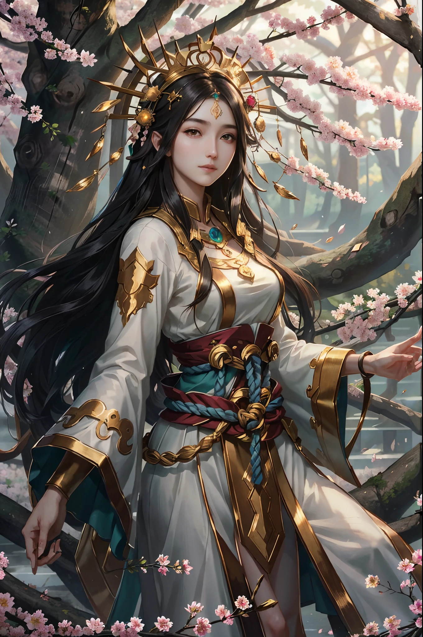 (((8k))), (((High resolution))),((Highest quality)),Beauty,Wizard,,battle mode, yellow aura swirling around the body,fog,mystic atmosphere,Serious face,Cane,Caneを右手に握っている,Shrine garden,SakuraFubuki,Ultra-realistic,8k,Ultra-fine,Super detailed