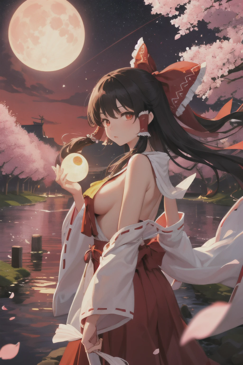 masterpiece, best quality, 1girl, hakurei reimu, black hair, black hair, glowing eyes, sideboob, (long skirt), yin yang orb, nightlight, bare hand, detail background, shrine, river, cherry blossoms, flower scatter, red sky, starry sky, moon, from side,