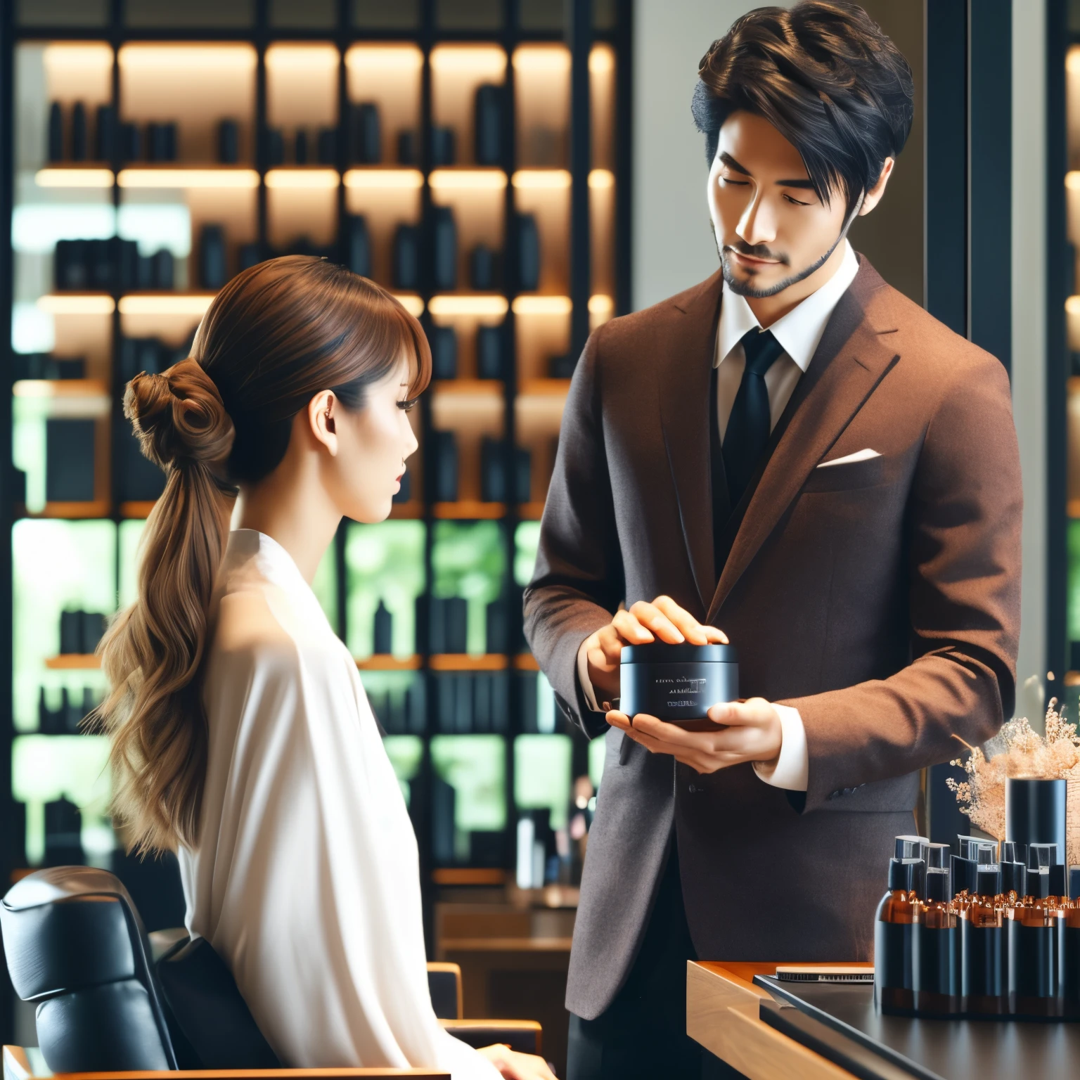 「Hair care advice to bring out the beauty of your hair」This is a new image with the theme of。。In the image、A stylish and contemporary Japanese beauty salon、Our hairdressers will give you hair care advice tailored to your needs.. hairdresser々Talk about hair care techniques、We offer personalized products tailored to your needs.&#39;Hair-specific needs。Sophisticated salon atmosphere.、We strive to provide personalized care tailored to each customer.&#39;unique hair type.。
