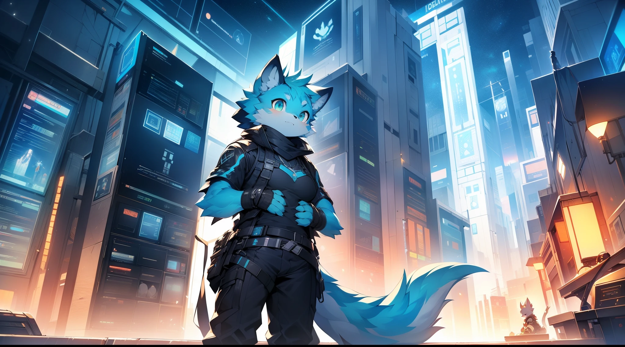 Libido boy，furry cyberwolf，((shota)), light blue and light green hair, The figure  good, Handsome，cute big breasts, optic：Ultimate light and shadow, Reflective skin,Skin bluish，((Sci-fi clothes，leather clothes)) ，((Over the city，Metal floor，flags，独奏，the only person))，Outdoor sunset，((the detail))，（depth of fields），The stands up，There  a holographic screen in the hand