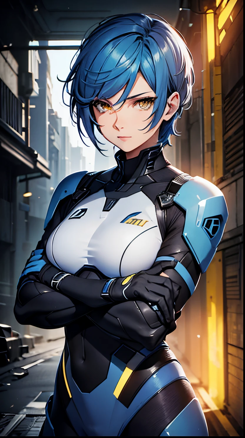 1female, blue short hair, yellow eyes, wearing modern combat suit, beautiful, model, 4k, official art, highly detailed, masterpiece
