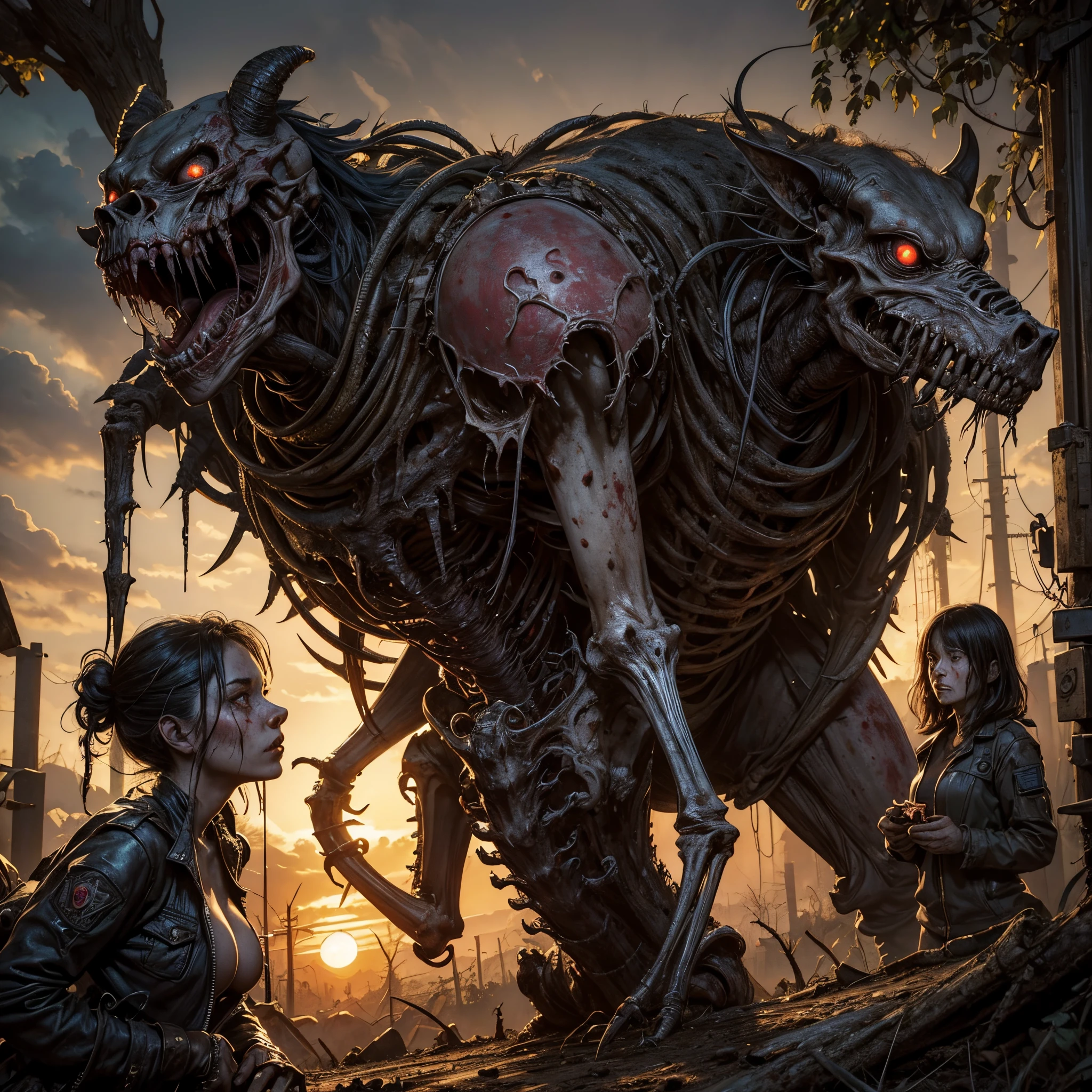 Masterpiece, highest quality, (high detail:1.2), creepy female monsters, creepy beasts, corner, phobia scene, bodies, corpsets, rotten meat, rotten skin, zoombie, blood, creepy, broken bone, bones, skeleton, a lot of dried blood and clots death, horror, obscure , shadows, swamp, horrifying creatures body rotten, sharp objects, living death, stumps, zoombies, gore, rotten organs, guts, dark macabre, virus, viruses and spores, mutants, mutations, altered DNA, sunset, strange creatures, post-apocalyptic, amputations, trauma, beats, bites, lacerations, hematomas and teratomas, post-apocalyptic background,1girl, blood tears, large breast, post mortem eyes, strange, tear the skin, blisters, rotten, fungus, undeath, dirt, human waste.