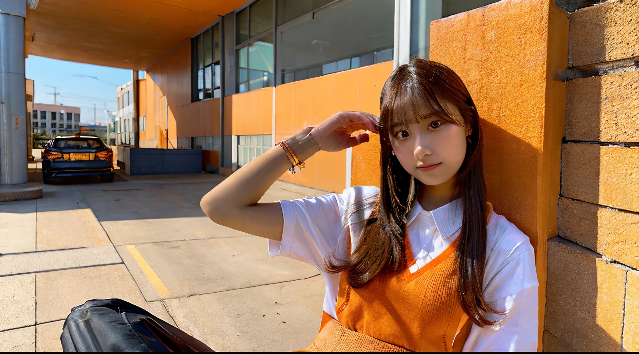 18 year old high school girl wearing an orange miniskirt