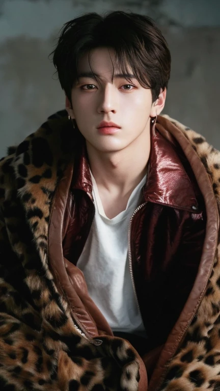 homem arrafado em uma jaqueta com estampa de leopardo e camisa branca, Jungkook, Cai Xukun, Beautiful androgynous prince, beautiful young prince, handsome prince, olhar inocente, Yoongi de cabelos pretos, Jinyoung Canela, Hyung Tae, delicate androgynous prince, inspirado em Kun Can, inspirado em Bian Shoumin, taken in the early 2020s, dez lee