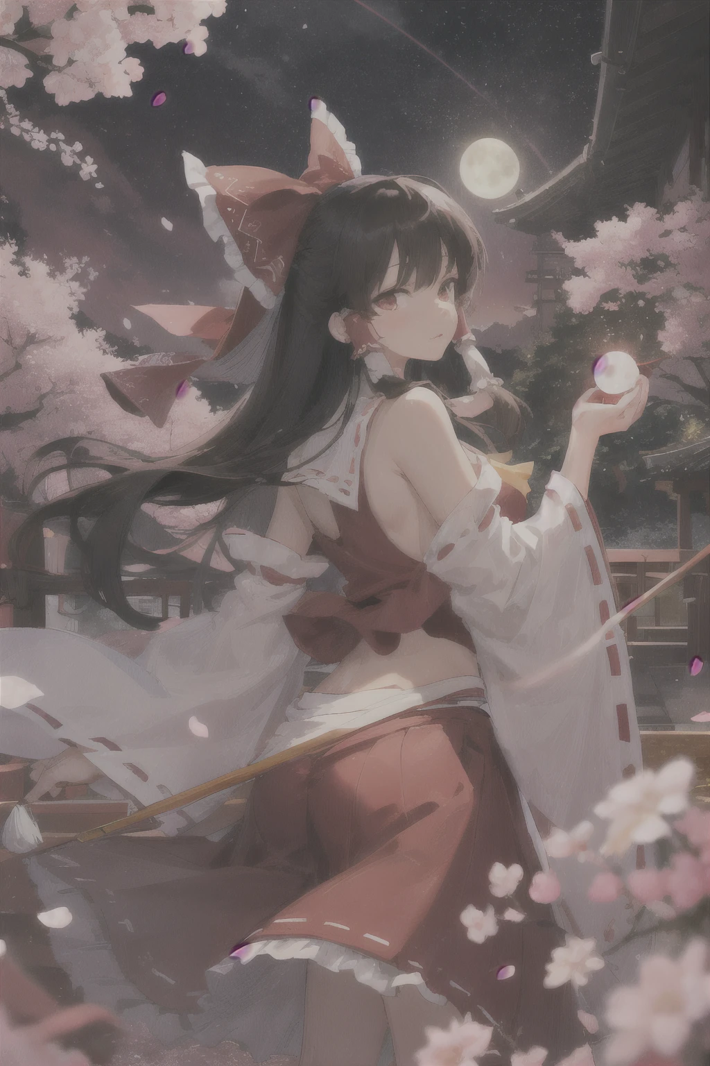 masterpiece, best quality, 1girl, hakurei reimu, black hair, black hair, glowing eyes, sideboob, (long skirt), yin yang orb, nightlight, bare hand, detail background, shrine, river, cherry blossoms, flower scatter, red sky, starry sky, moon, from side,