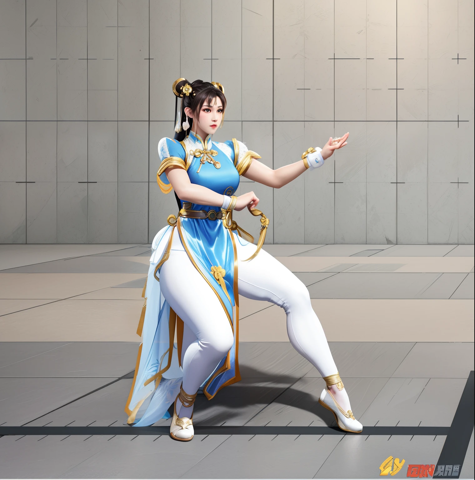 there  a woman in a costume sitting on a chair, chun li, Chun-li, chun - li, chun li at the gym, Portrait of Chun Li, Portrait of Chun Li, fighter pose, Fighting posture, full body xianxia, Fighting posture, Strike a fighter pose, fighting game character, confident action pose, Strike a fighting stance