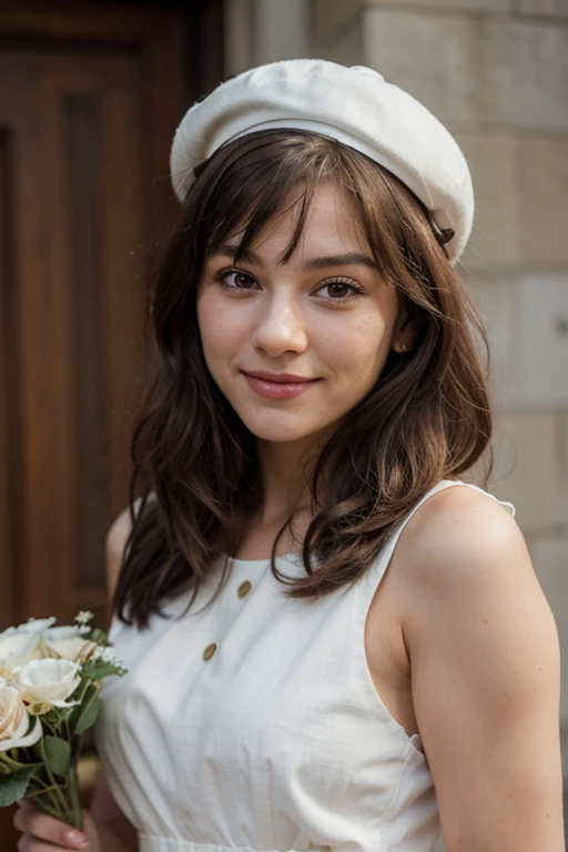 Medium view, medium shot, depth of field, bust, upper body, cinematic angle, masterpiece, best quality, super detailed, CG, 8K wallpaper, beautiful face, delicate eyes, a maiden, solo, smile, bangs, skirt, shirt, hat, dress, bow, petals, bouquet