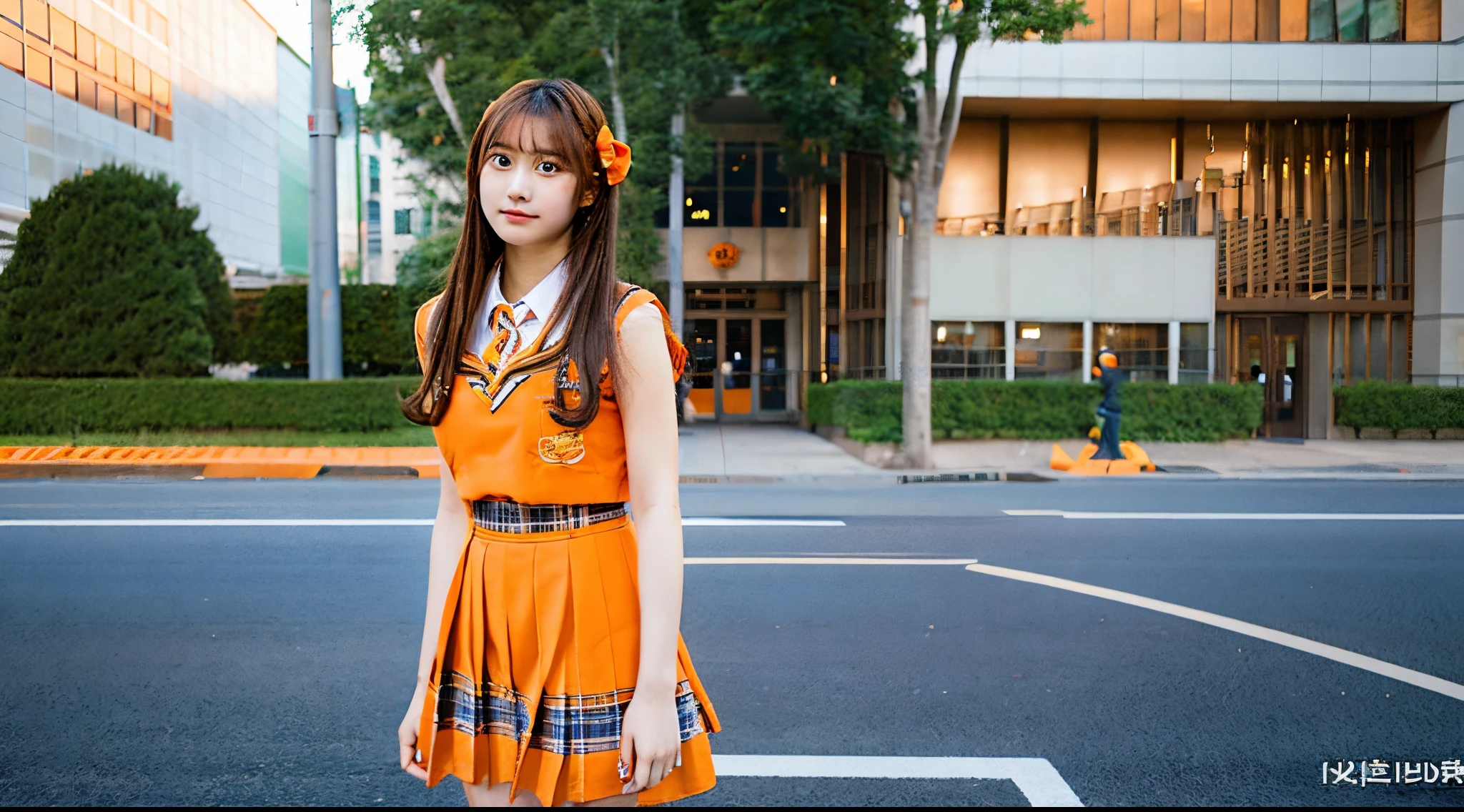 18 year old high school girl wearing an orange miniskirt