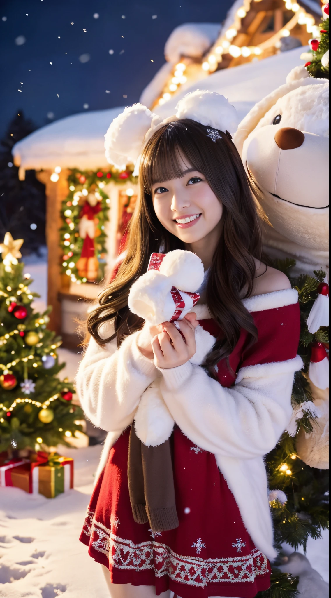 (Best Quality,4K,hight resolution,masutepiece:1.2),Realistic,Christmas,girl (21 years old),Hugging a big teddy bear,stuffed animal,Wear warm clothes,Snow falling in the background,Winter wonderland,Joyful expression,Magical atmosphere,Soft lighting,Vivid colors,Happiness,laught,Welcoming environment,Warmth,Smiling eyes,Curly hair,Shimmering decoration,Twinkling lights,toy train set,wrapped present,Rooftop with Santa Claus and reindeer flying in the distance,magic snowflake,christmas tree with ornaments,log cabin,curl up near the fireplace,hot chocolate with marshmallows,Peace and quiet,Excitement and anticipation,Snowy landscape,childhood innocence,Enchanted moments,Playful laughter,Upholstered stockings,Holiday spirit,love and togetherness.thighs thighs thighs thighs、off shoulders